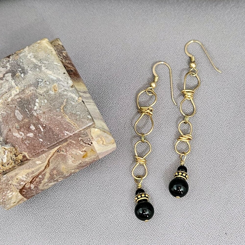 Genuine Black Onyx Earrings Wrapped w/14K Gold Filled Wire NEW Handmade 3"